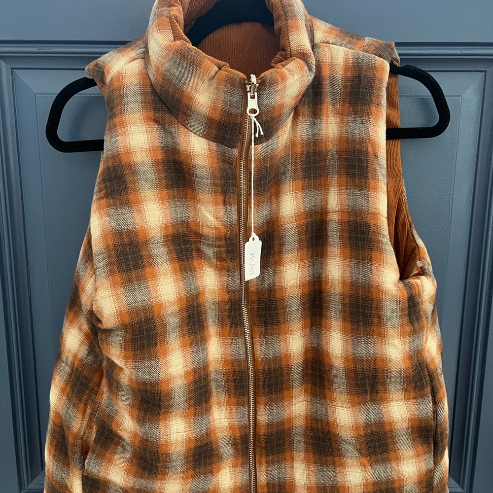Plaid Zip-Up Vest in Orange and Brown